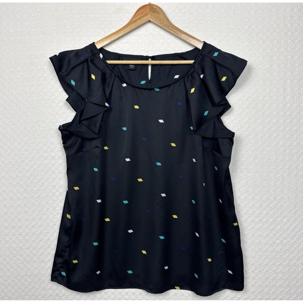 Apostrophe Blouse Top Womens XL Geometric Ruffle Sleeves Keyhole Back‎ Classic